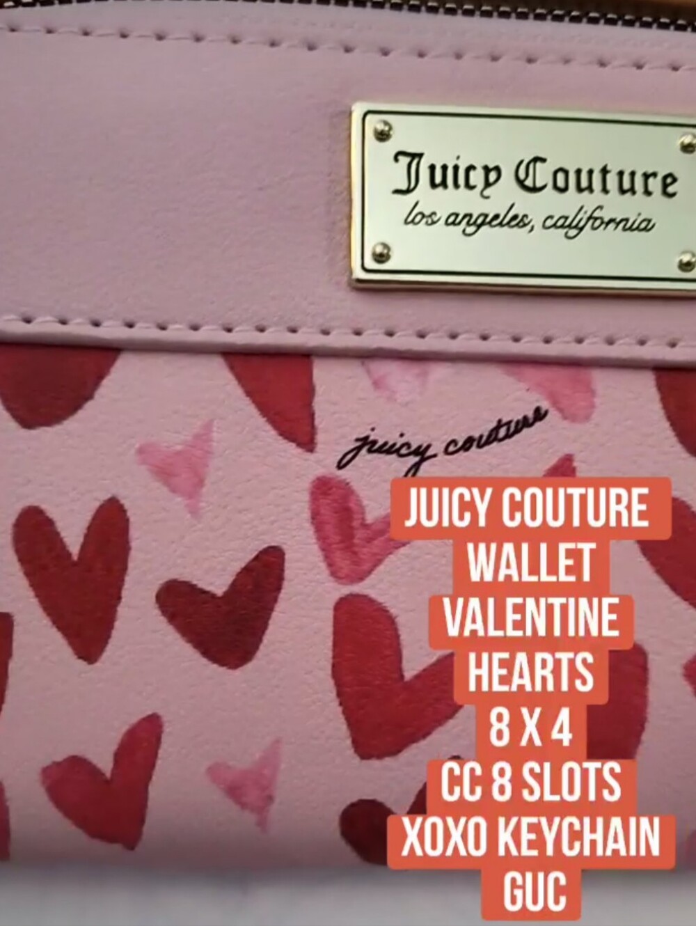 Juicy Couture Valentine Wallet 8 X 4" Red Hearts , & Pink Zip Around XO Keychain